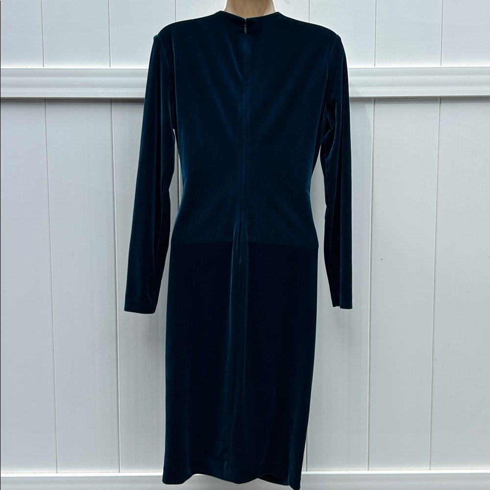 Calvin Klein Velvet V-Neck Dress Gold V-Bar Side Ruching Aquamarine Blue | Sz 8 - Picture 3 of 14